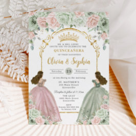 Sage Green Blush Floral Twins Gold Quinceañera Einladung