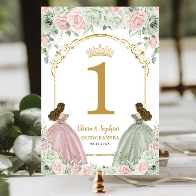 Sage Green Blush Floral Twins Quinceanera Tischnummer (Von Creator hochgeladen)
