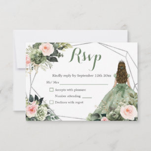 Sage Green Blush Geometric Princess Quinceañera RSVP Karte