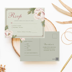 Sage Green & Blush Peony Floral Wedding RSVP Postkarte