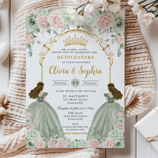 Sage Green Blush Pink Floral Twins Quinceañera Einladung (Von Creator hochgeladen)
