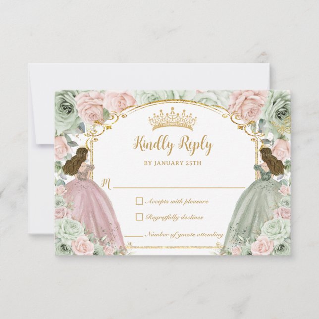 Sage Green Blush Pink Floral Twins XV Quinceañera RSVP Karte (Vorderseite)