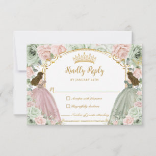Sage Green Blush Pink Floral Twins XV Quinceañera RSVP Karte