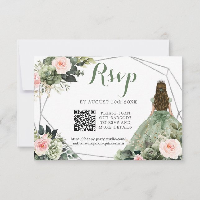 Sage Green Blush Pink Girl XV Años QR RSVP Karte (Vorderseite)