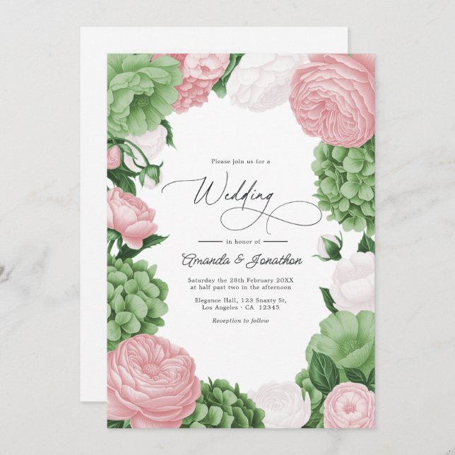 Sage Green, Blush & White Floral Wedding Einladung (Vorne/Hinten)