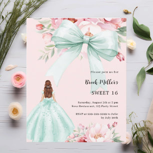 Sage Green Bogen Kleid Rosa Sweet 16 Einladung