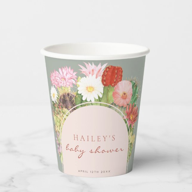 Sage Green Boho Bloom Cactus Baby Shower Pappbecher (Vorderseite)