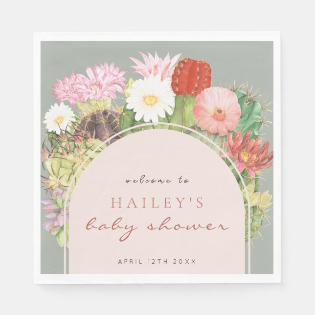 Sage Green Boho Bloom Cactus Baby Shower Serviette (Vorderseite)