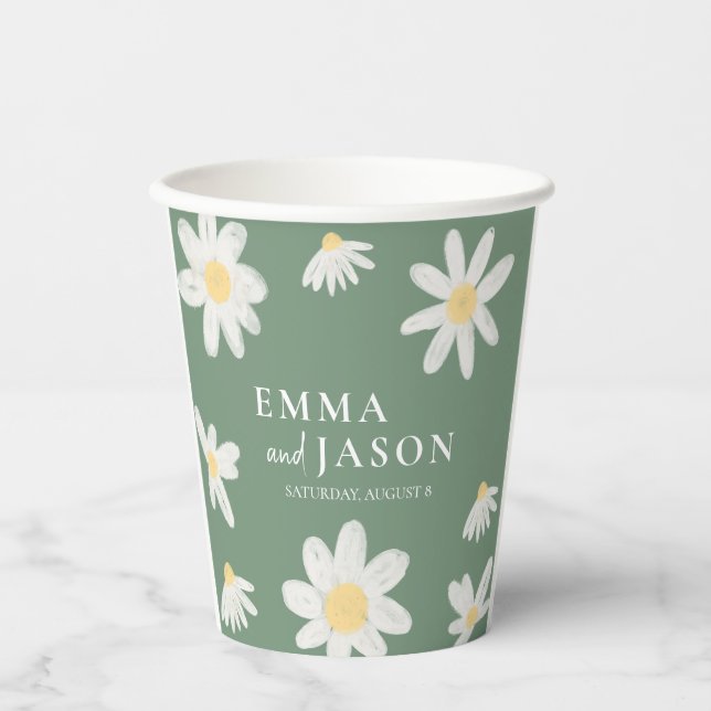Sage Green Boho Daisy Floral Wedding Paper Cups Pappbecher (Vorderseite)