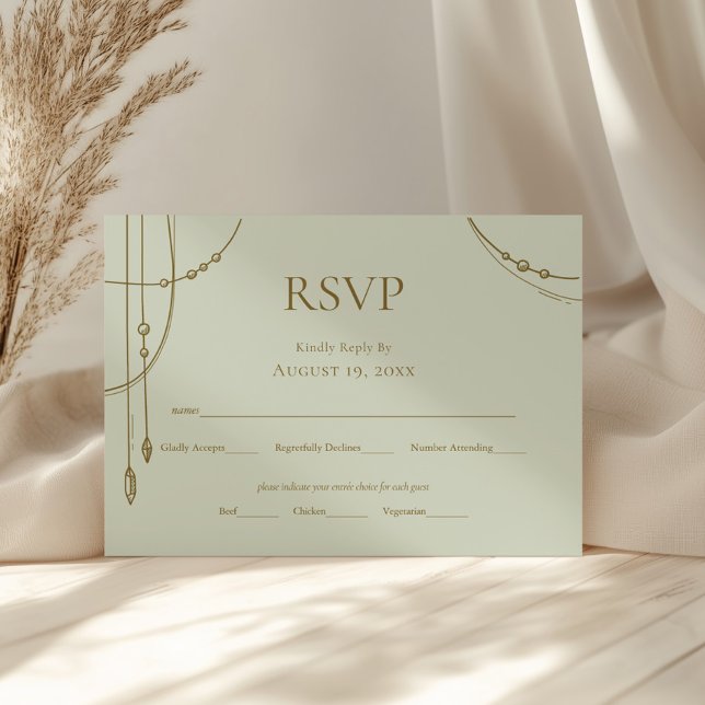 Sage Green Boho Draped Beaded Wedding RSVP Karte (Von Creator hochgeladen)