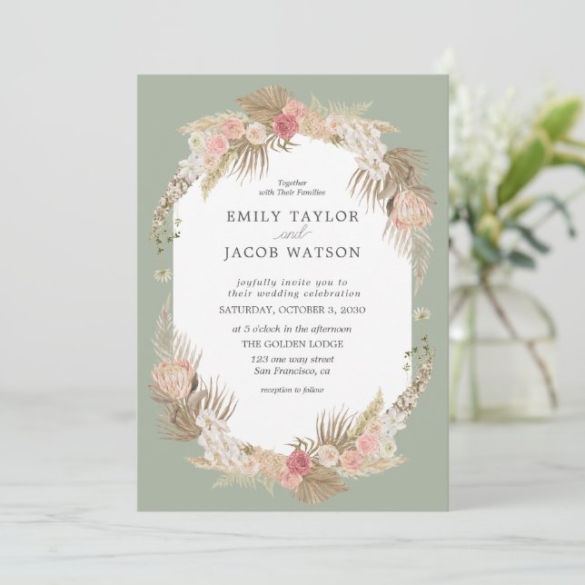 Sage Green Boho Floral Wedding Einladung (Stehend Vorderseite)