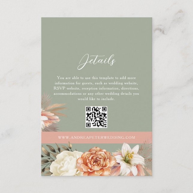 Sage Green Boho Floral Wedding QR Card Begleitkarte (Vorderseite)