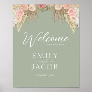 Sage Green Boho Floral Whimsical Wedding Willkomme Poster