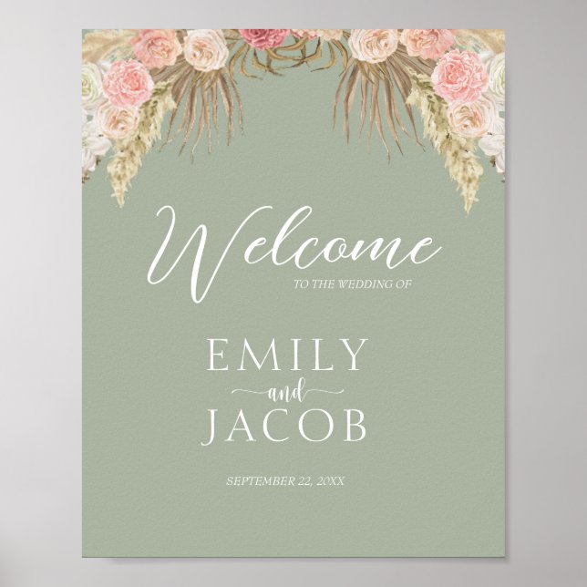 Sage Green Boho Floral Whimsical Wedding Willkomme Poster (Vorne)