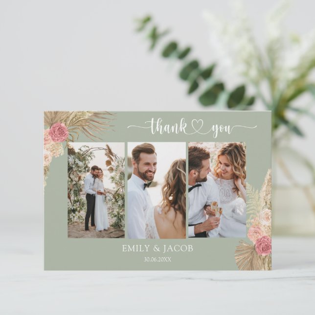 Sage green Boho Foto Hochzeit danke Ihnen Karte (Stehend Vorderseite)