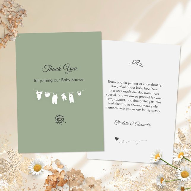 Sage Green Boho Minimalistisch Baby Dusche Dankeskarte (Minimalist Sage Green Gender Neutral Baby Shower Thank You Card ©Susanne Sachers - Sunny Mind 🌞)