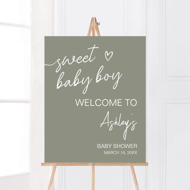 Sage Green Boho Minimalistisch Willkommen Poster (Sweet Baby Boy Boho Baby Shower Welcome Sign)