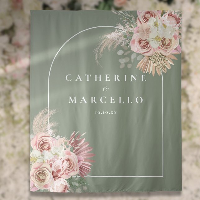 Sage Green Boho Pampas Grass Floral Hochzeit Wandteppich (Sage Green Boho Pampas Grass Floral Wedding Tapestry)