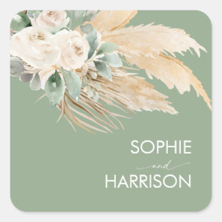 Sage Green Boho Pampas Grass Quadratischer Aufkleber