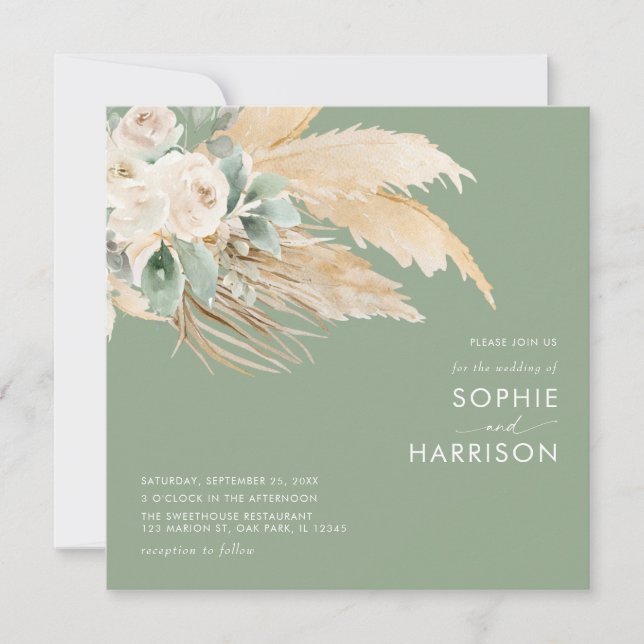 Sage Green Boho Pampas Grass Square Hochzeit Einladung (Vorderseite)