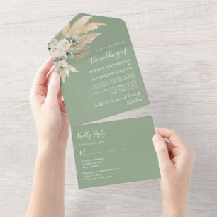 Sage Green Boho Pampas Grass Wedding All In One Einladung