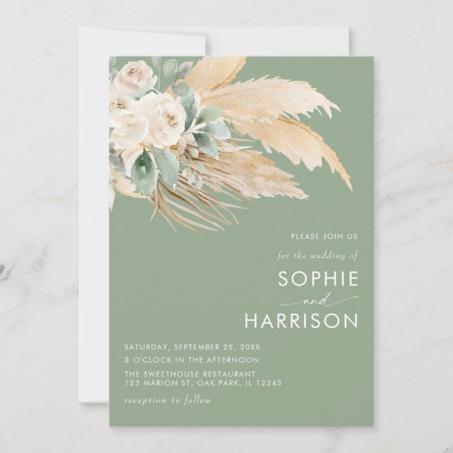 Sage Green Boho Pampas Grass Wedding Einladung (Vorderseite)