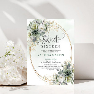 Sage Green Boho Sweet Sixteen Greenery Gold Einlad Einladung