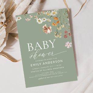 Sage Green Boho Wildblume Babydusche Einladung