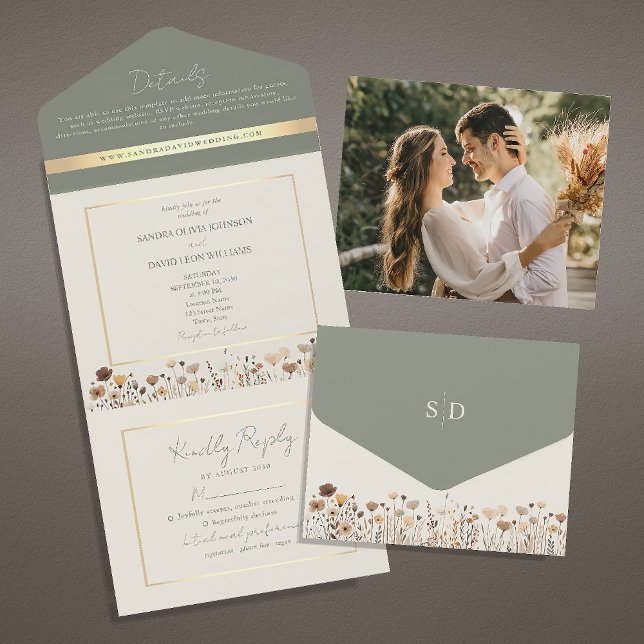Sage Green Boho Wildblume Wedding All In One Einladung (Von Creator hochgeladen)