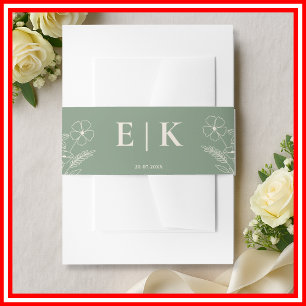 Sage Green Boho Wildblumen Monogram Wedding Einladungsbanderole