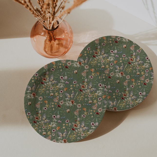 Sage Green Boho Wildblumen Pappteller (Sage Green Boho Wildflowers Paper Plates with Butterflies by Painted Paperie
)