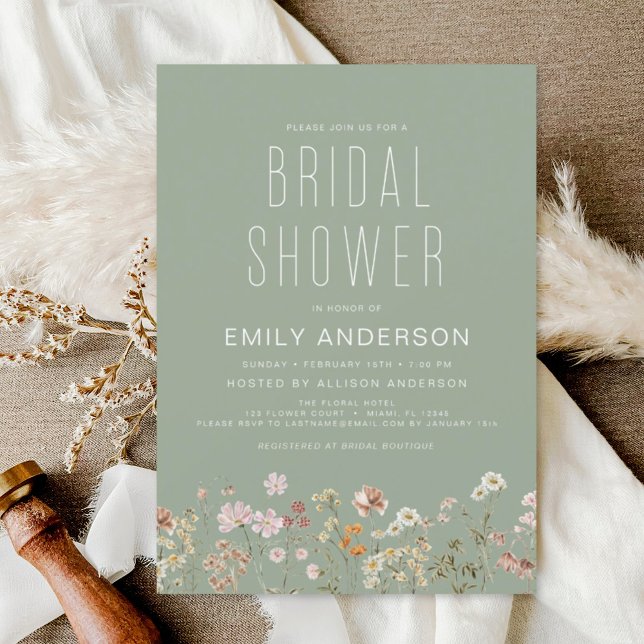Sage Green Boho Wildflower Bridal Shower Elegant Einladung (Von Creator hochgeladen)