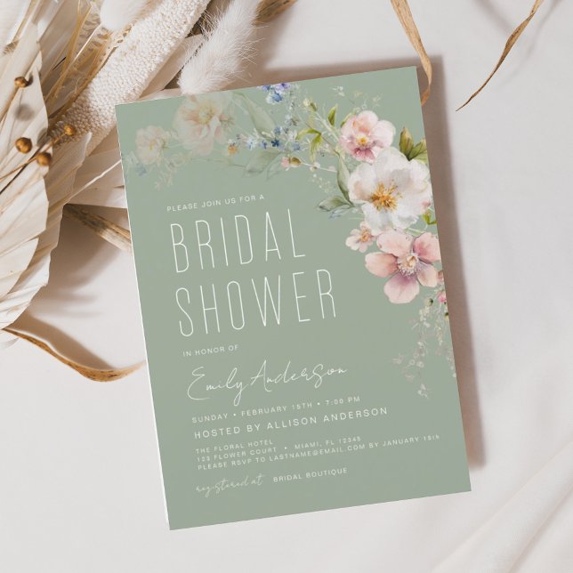 Sage Green Boho Wildflower Bridal Shower Elegant Einladung (Von Creator hochgeladen)