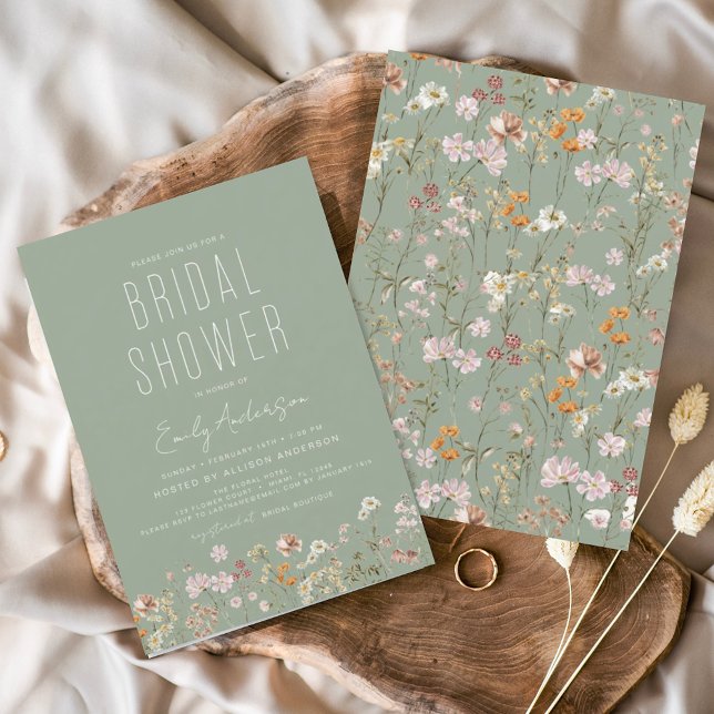 Sage Green Boho Wildflower Bridal Shower Elegant Einladung (Von Creator hochgeladen)