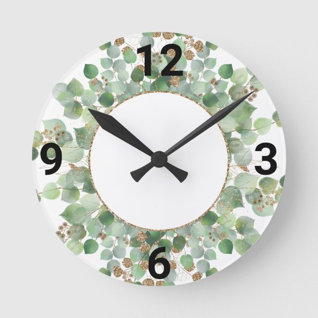Sage Green Botanean White Gold 2 WALL CLOCK Runde Wanduhr (Vorderseite)