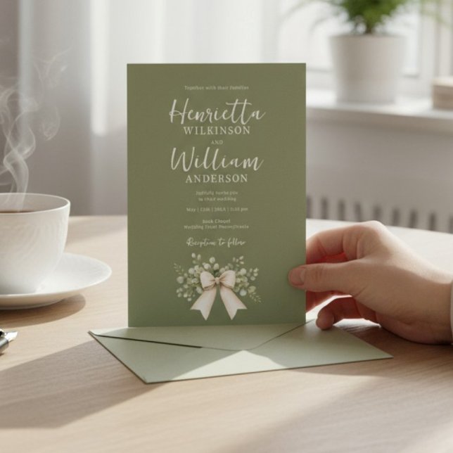 Sage Green Botanical Bow All-in-One Wedding Invita Einladung (Von Creator hochgeladen)