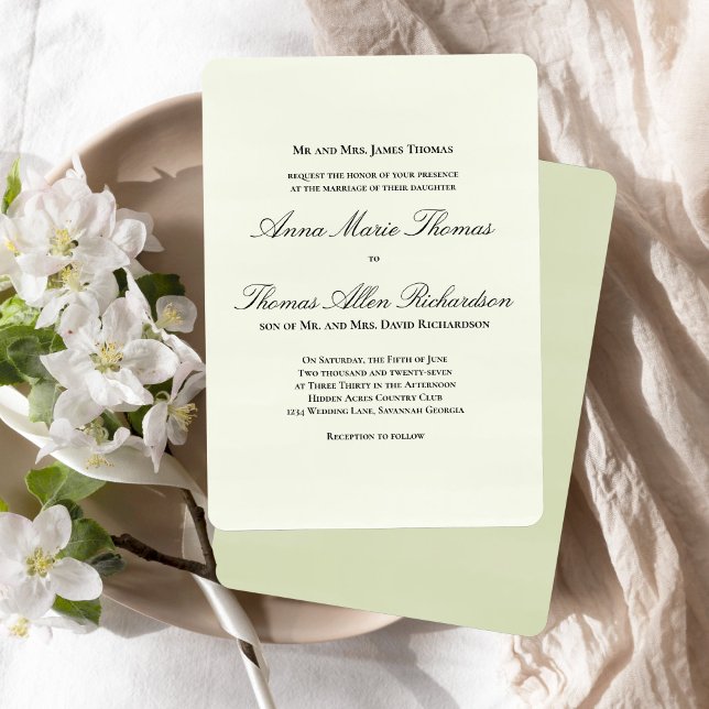 Sage Green Botanical Classic Formal Script Wedding Einladung (Classic formal sage green invitation with elegant script and timeless layout.)