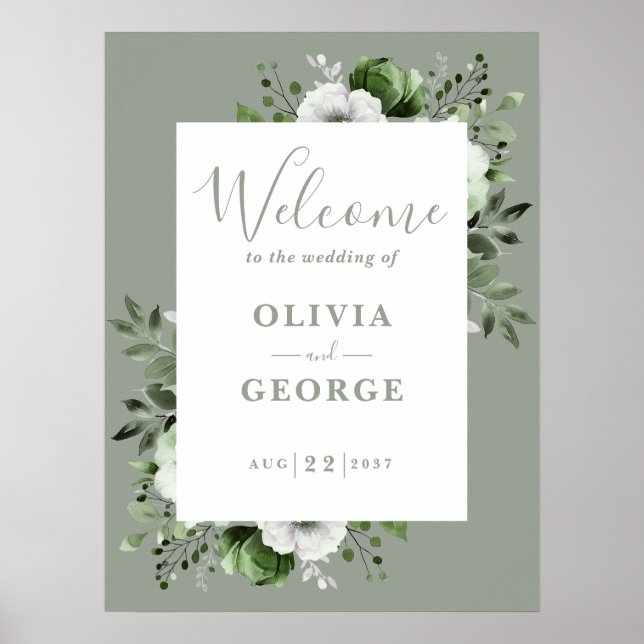 Sage Green Botanical Floral Wedding Willkommenszei Poster (Vorne)