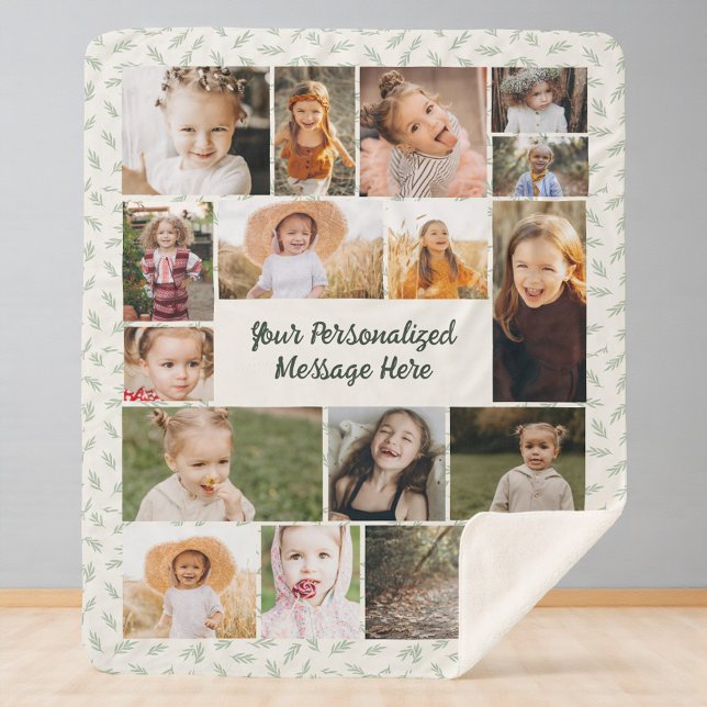 Sage Green Botanical Personalized 16 Photo Collage Sherpadecke (Von Creator hochgeladen)