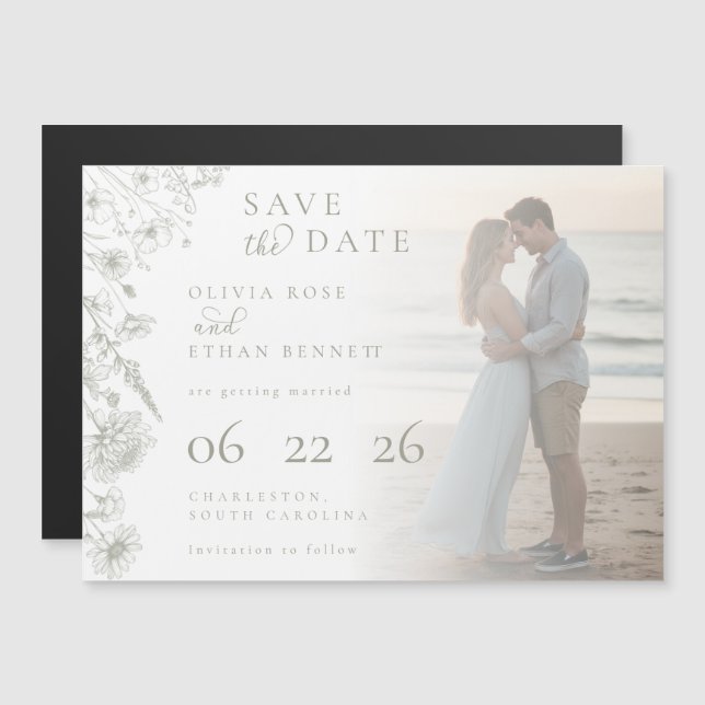 Sage Green Botanical Photo Wedding Save the Date  Magnetkarte (Vorne/Hinten)