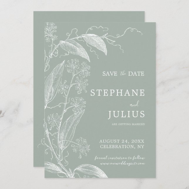 Sage Green Botanical Save the Date Einladung (Vorne/Hinten)