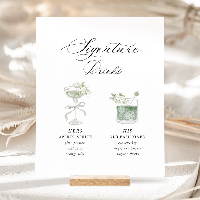 Sage Green Botanical Signature Drinks Wedding Sockelschild (Sage green botanical signature drinks wedding sign, watercolor cocktails, bar menu decor, indoor)