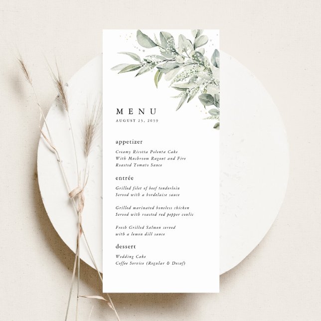 Sage Green Botanical Watercolor Wedding Dinner Menükarte (Sage green botanical watercolor wedding menu card, elegant minimalist reception stationery)