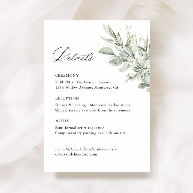 Sage Green Botanical Wedding Details, Ceremony Begleitkarte (Sage green botanical wedding details card, ceremony enclosure stationery with watercolor greenery)