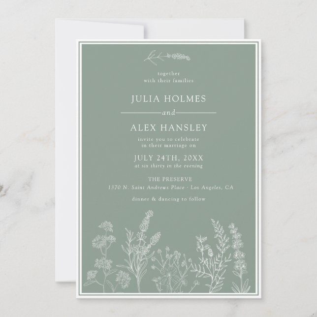 Sage Green Botanical Wedding Einladung (Vorderseite)