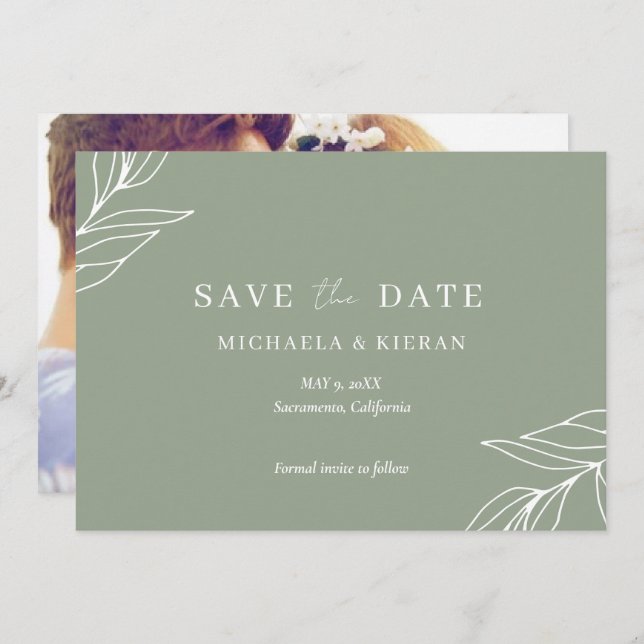 Sage Green Botanical Wedding Foto Save The Date (Vorne/Hinten)