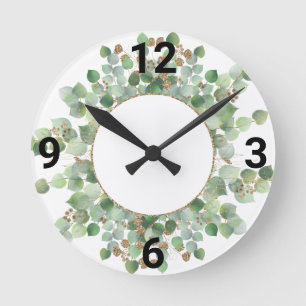 Sage Green Botanical White Gold WALL CLOCK Runde Wanduhr