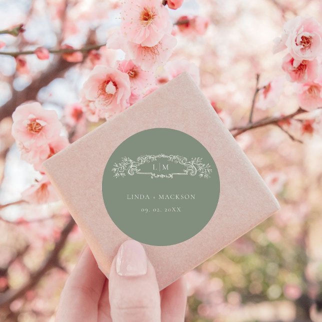 Sage Green botanisches Wappen Monogramm Hochzeit Runder Aufkleber (Von Creator hochgeladen)