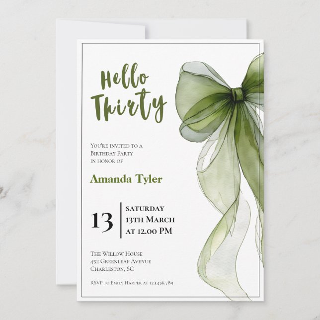 Sage Green Bow 30th Birthday Invitation Einladung (Vorderseite)