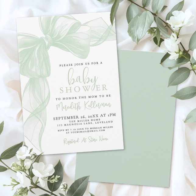 Sage Green Bow Baby Shower Einladung (Sage Green Bow Baby Shower Invitation)